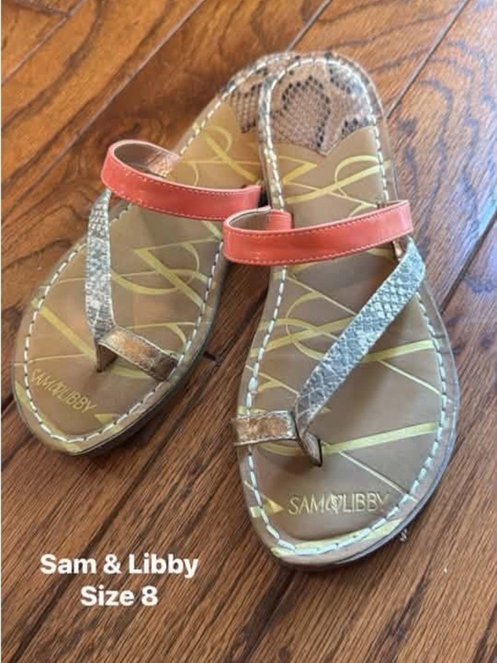 Sam & Libby Coral Strap and Metallic Snake-Print Toe-Loop Sandals